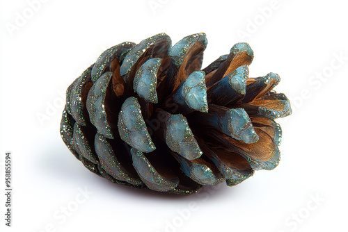 Blue-toned pine cone with gold glitter on white background. photo