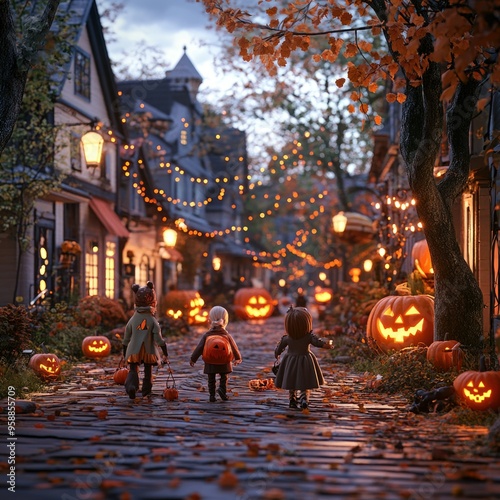 Trick-or-Treat Street with Kids in Costumes and Houses Decorated for a Spooky Halloween Night