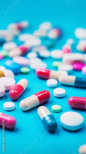 Colorful assortment of pharmaceutical pills and capsules scattered on vibrant turquoise background, highlighting variety in modern medicine and healthcare industry.