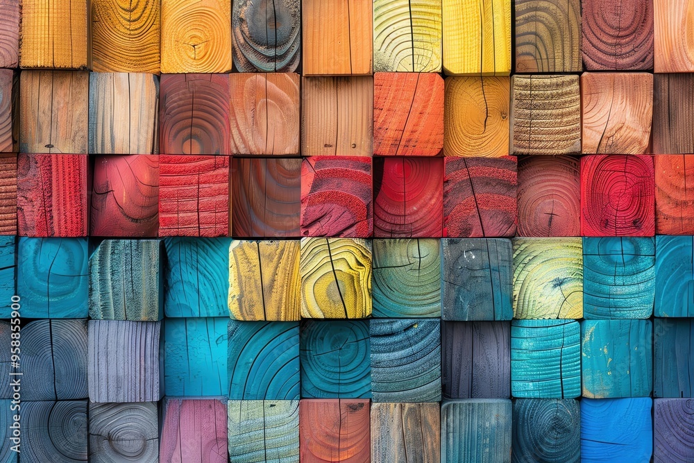 Vibrant wooden blocks arranged in a colorful pattern, showcasing various tones and textures for artistic design. Vibrant wooden blocks arranged in a colorful pattern, showcasing various tones and textures for artistic design.