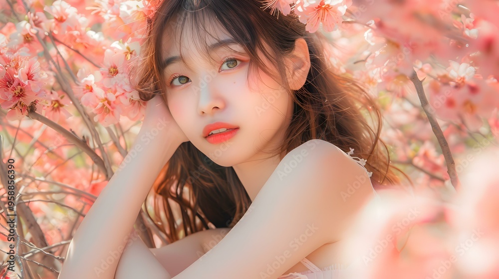 Beautiful Woman Posing in Cherry Blossom Tree Beautiful Woman Posing in Cherry Blossom Tree