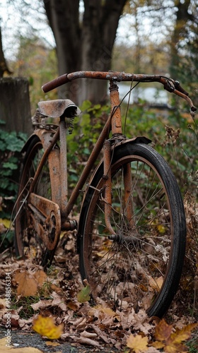 Rusty vintage bicycle abandoned in autumn forest, its frame weathered and worn, surrounded by fallen leaves and overgrown vegetation, evoking nostalgia and decay.