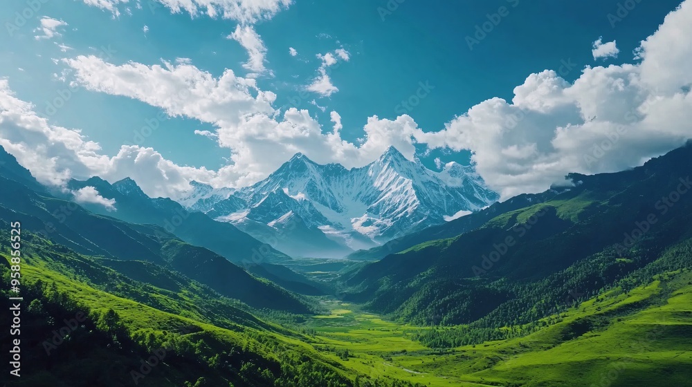 Time-lapse scene of the Himalayas bathed in sunlight with snow-capped peaks and drifting white clouds above lush green landscapes captured in a wide-angle lens Time-lapse scene of the Himalayas bathed in sunlight with snow-capped peaks and drifting white clouds above lush green landscapes captured in a wide-angle lens