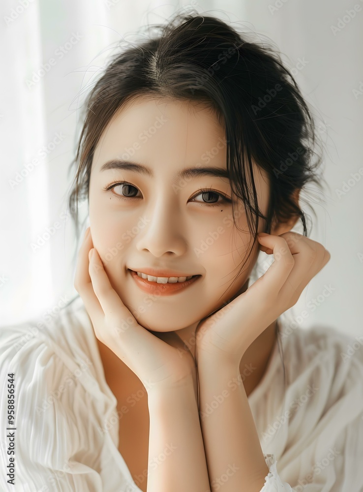 Portrait of a Smiling Asian Woman with her Hands on her Chin Portrait of a Smiling Asian Woman with her Hands on her Chin