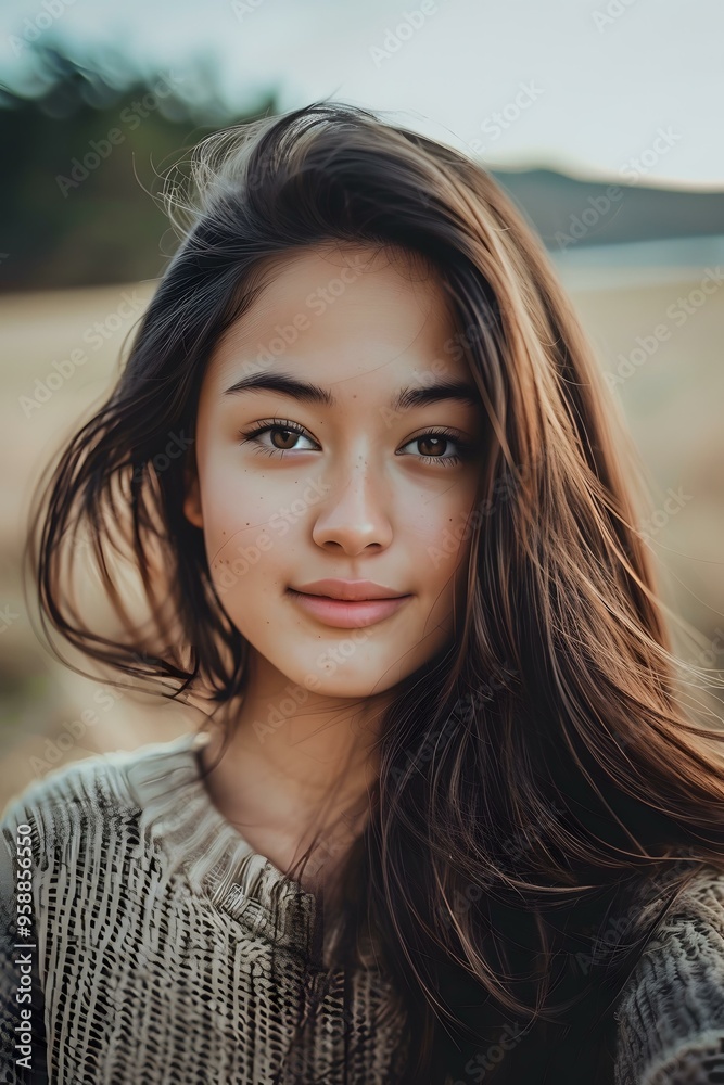 Fototapeta premium Portrait of a Young Woman with Brown Hair and Sweater