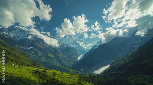 Time-lapse scene of the Himalayas bathed in sunlight with snow-capped peaks and drifting white clouds above lush green landscapes captured in a wide-angle lens