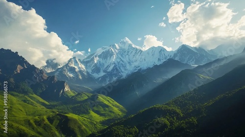 Spectacular time-lapse of the Himalayas featuring snow-capped peaks a clear blue sky and sunlight touching the highest points with white clouds passing over green valleys