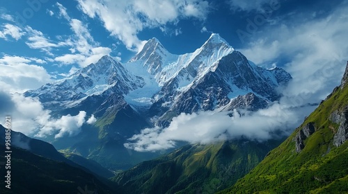 Majestic time-lapse of the Himalayas with snow-covered peaks glowing in sunlight white clouds moving slowly across the sky and green vegetation at the foot of the mountains