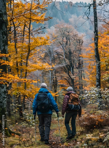 Two Hikers Walking Through Fall Foliage