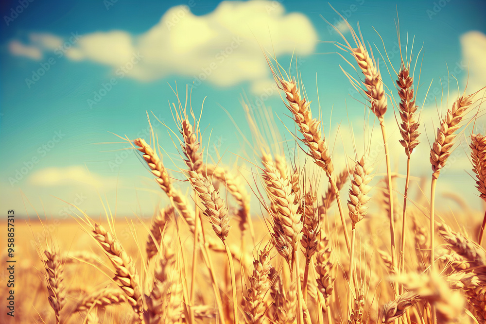 Golden wheat field under a vibrant blue sky with fluffy clouds, showcasing ripe crops swaying in the breeze, agricultural landscape, farming, summer harvest, and rural countryside. Golden wheat field under a vibrant blue sky with fluffy clouds, showcasing ripe crops swaying in the breeze, agricultural landscape, farming, summer harvest, and rural countryside.