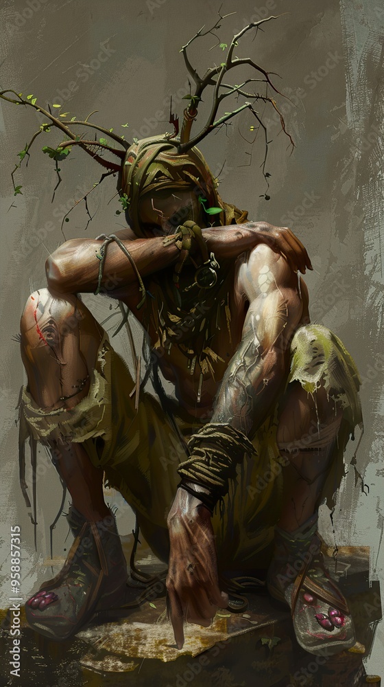 A man with a tree growing from his head sits on a rock, his body covered in branches and vines. A man with a tree growing from his head sits on a rock, his body covered in branches and vines.