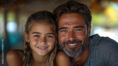 happy father and teen daughter sitting embracing and looking at camera outside at basketball court