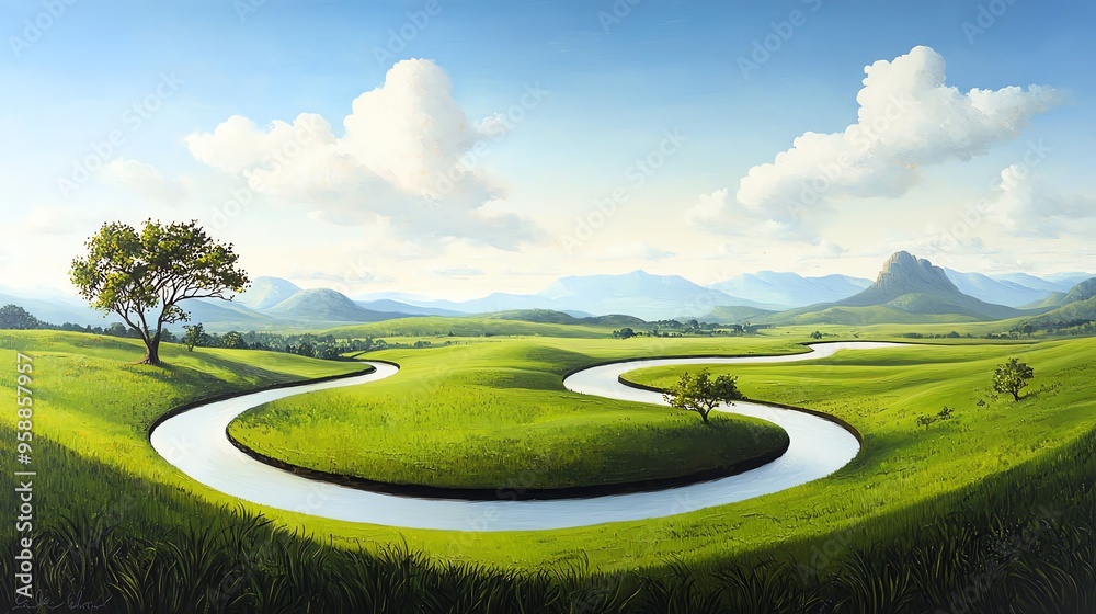 A serene landscape featuring rolling green hills, winding river, and a clear blue sky, perfect for nature and travel themes. A serene landscape featuring rolling green hills, winding river, and a clear blue sky, perfect for nature and travel themes.