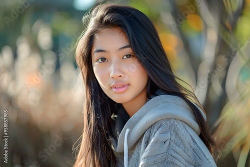 Asian Woman with Long Black Hair Looking at Camera