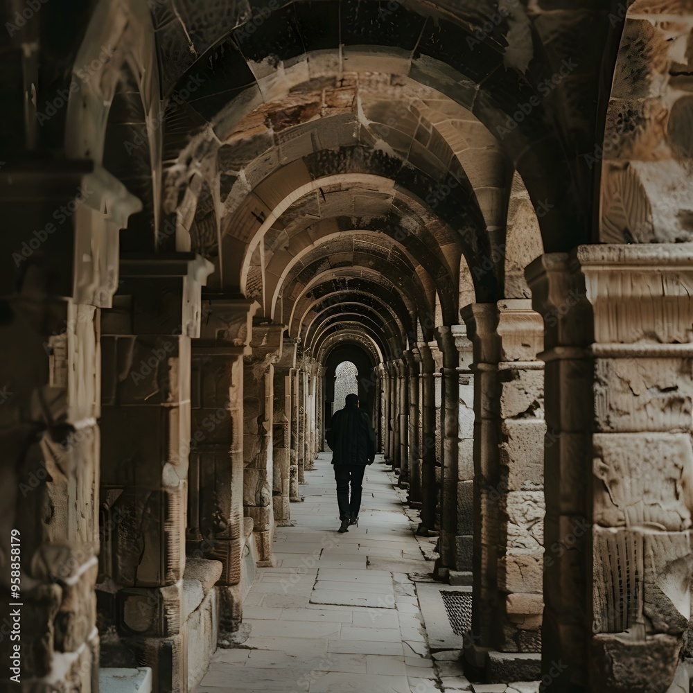 Obraz premium Man Walking Through Stone Archway