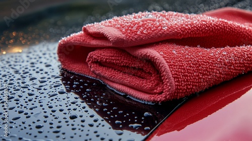 Vibrant red microfiber cloth folded neatly on a wet, glossy car surface. Droplets of water bead up around the towel, reflecting light and creating a sleek, clean aesthetic. photo