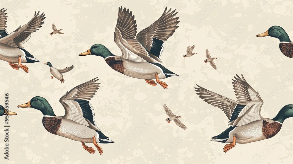 A Flock of Mallard Ducks in Flight Against a Beige Background