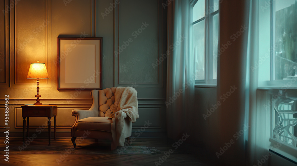 Fototapeta premium Elegant Reading Nook with Warm Lamp Light and Empty Frame