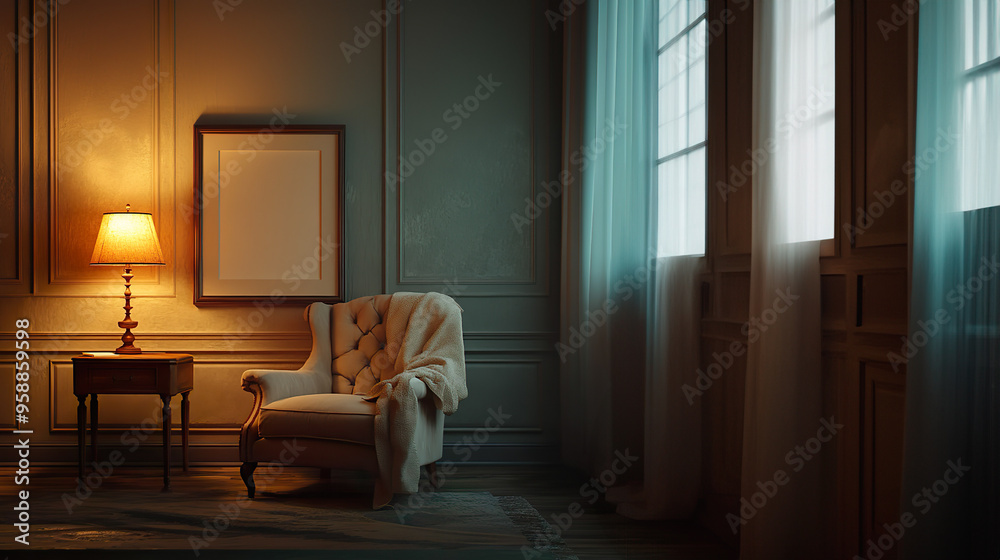 Fototapeta premium Elegant Reading Nook with Warm Lamp Light and Empty Frame