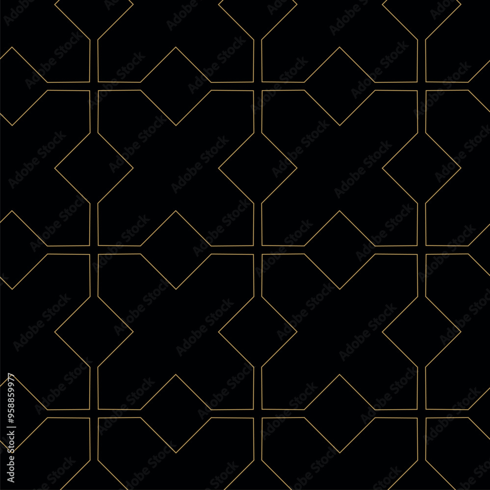 Abstract geometric pattern with crosses, stripes, lines. Seamless vector background. Black and gold ornament. Modern reticulated graphic design.