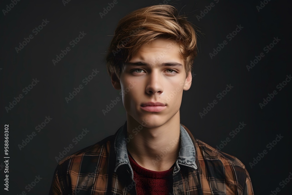 Fototapeta premium Portrait of Young Man Wearing Plaid Shirt