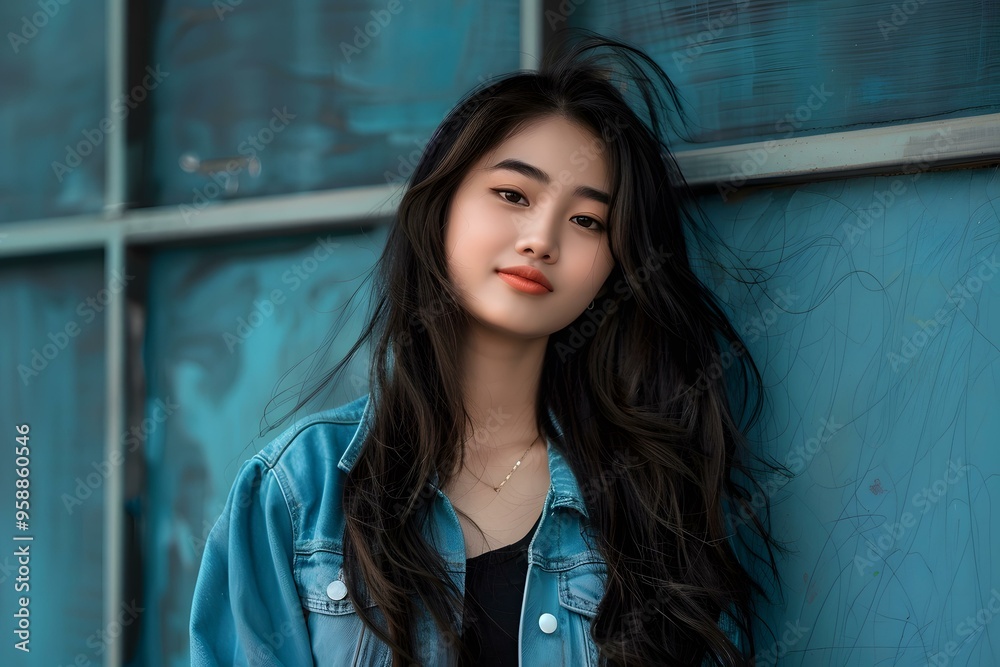Young Asian Woman Posing With Denim Jacket Against Blue Background Young Asian Woman Posing With Denim Jacket Against Blue Background