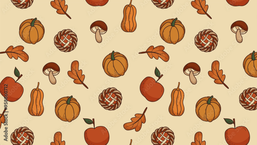 Autumn seamless pattern with pumpkins, apples, mushrooms and leaves in warm colors. Autumn seamless pattern with pumpkins, apples, mushrooms and leaves in warm colors.