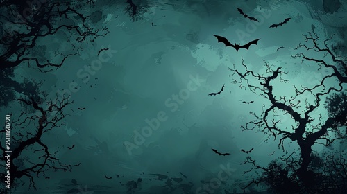 Silhouette of Bare Trees and Bats Against a Dark Teal Sky