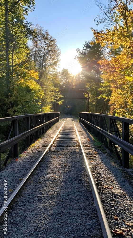 Railway Tracks Leading Through Autumn Forest Railway Tracks Leading Through Autumn Forest