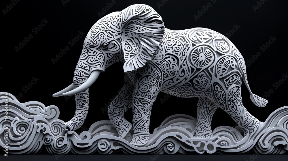 Obraz premium Intricate sculpture of an elephant, beautifully designed with ornate patterns, showcasing artistry and elegance against a dark backdrop.