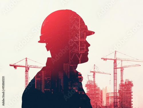 Silhouette of a worker operating machinery, double exposure of industrial cranes and a futuristic urban skyline