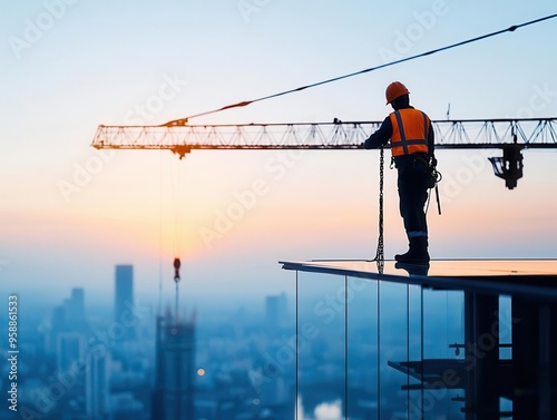 Silhouetted worker installing glass panels on a high-rise building, double exposure of cranes and urban skyline