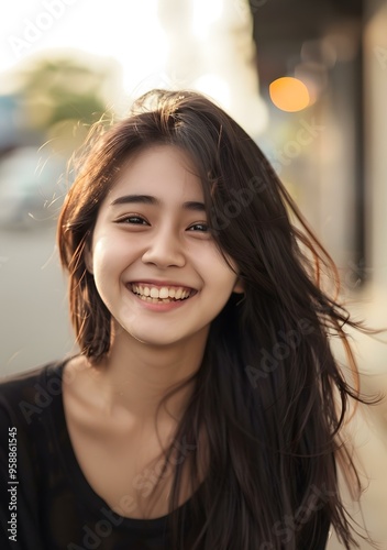 Smiling Asian Woman With Long Hair