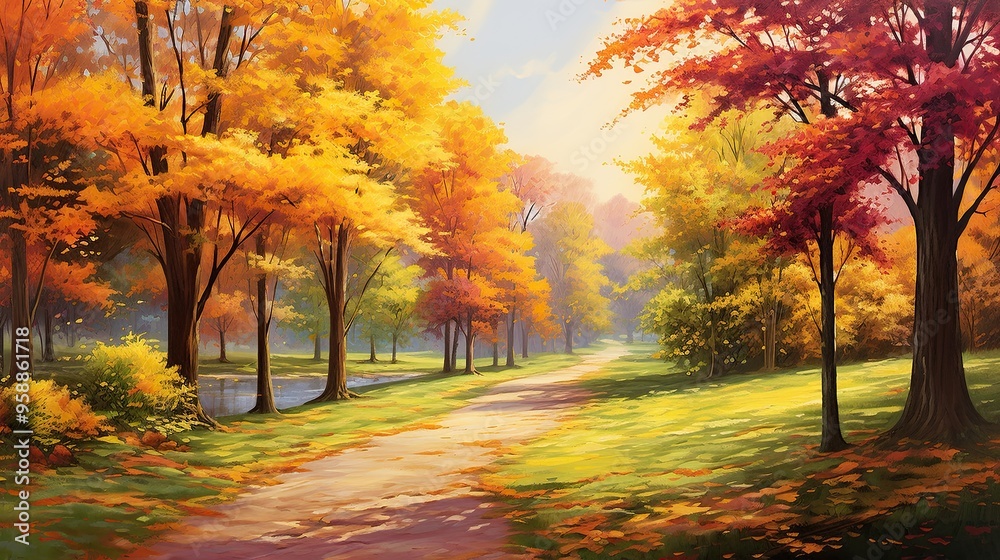 Obraz premium A pathway winding through a peaceful park lined with trees adorned in vibrant autumn foliage. 