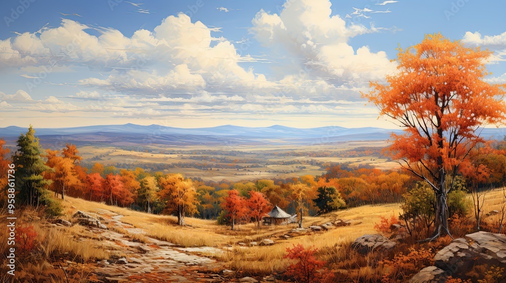 A picturesque autumn landscape with rolling hills. A picturesque autumn landscape with rolling hills.