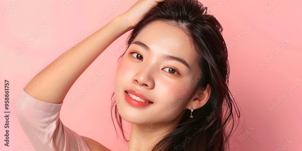 Obraz premium Portrait of a Smiling Asian Woman with Long Black Hair