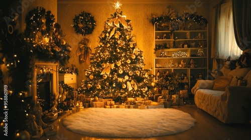 A Christmas tree adorned with golden bows and ornaments, glowing warmly in a cozy living room setting