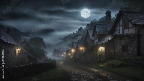 A medieval village at night, with a full moon, fog, and lit street lamps.