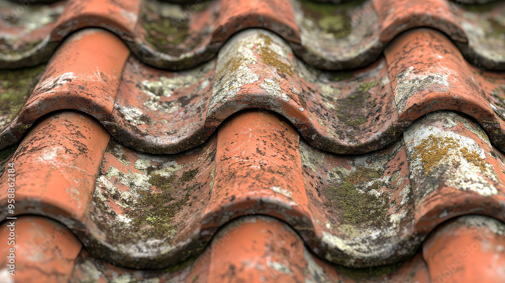 Roof tiles with an undulating pattern and significant moss growth convey a rustic aesthetic and traditional architectural presence, reflecting natural aging over time. Roof tiles with an undulating pattern and significant moss growth convey a rustic aesthetic and traditional architectural presence, reflecting natural aging over time.
