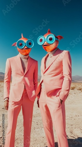 A photograph of two men in pastel pink suits with large round blue glasses and pastel red fish face masks, posing for the camera on an empty desert landscape in the style of surreal editorial.