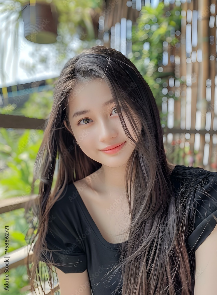Fototapeta premium Beautiful Asian Girl With Long Hair Smiling Outdoors