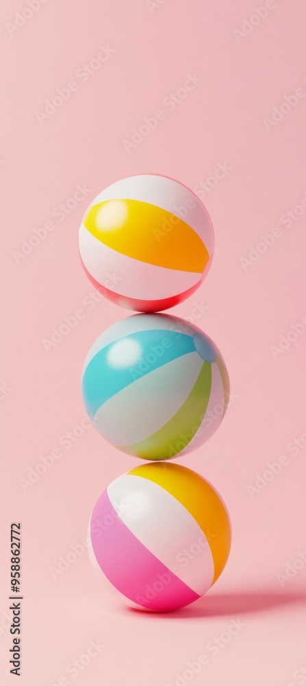 A stack of three colorful beach balls, each with different colors and patterns, is set against the soft pink background. A stack of three colorful beach balls, each with different colors and patterns, is set against the soft pink background.