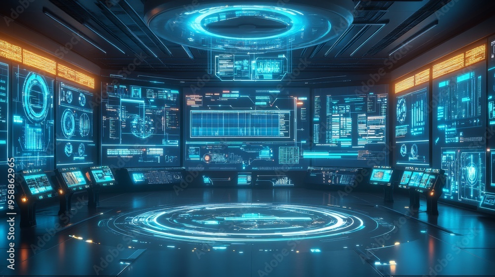 Futuristic Control Room with Holographic Displays. Futuristic Control Room with Holographic Displays.