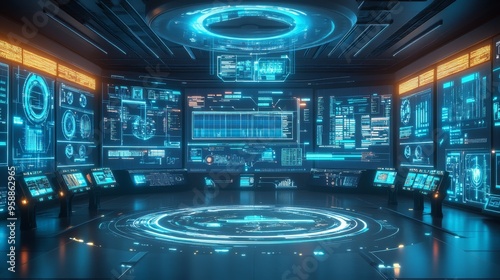 Futuristic Control Room with Holographic Displays.