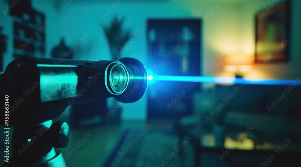 Photo of a blue laser beam being projected from a device. In the background is a green light-emitting device on top of another black plastic object, set up inside a room Photo of a blue laser beam being projected from a device. In the background is a green light-emitting device on top of another black plastic object, set up inside a room