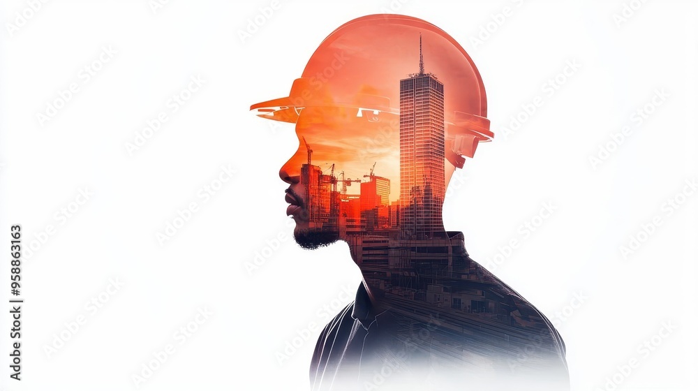 Construction worker silhouette with a high-rise building emerging from the background, double exposure blending with industrial machines