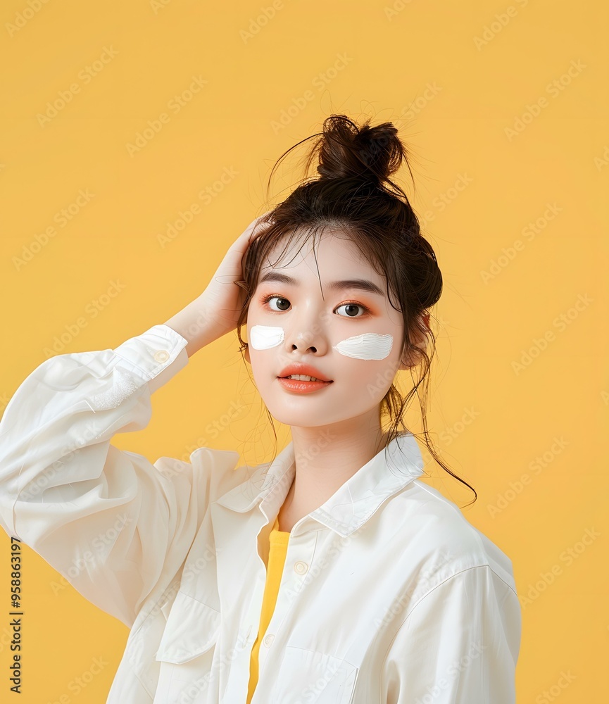 Young Asian Woman Wearing White Shirt and White Face Mask on Yellow Background Young Asian Woman Wearing White Shirt and White Face Mask on Yellow Background
