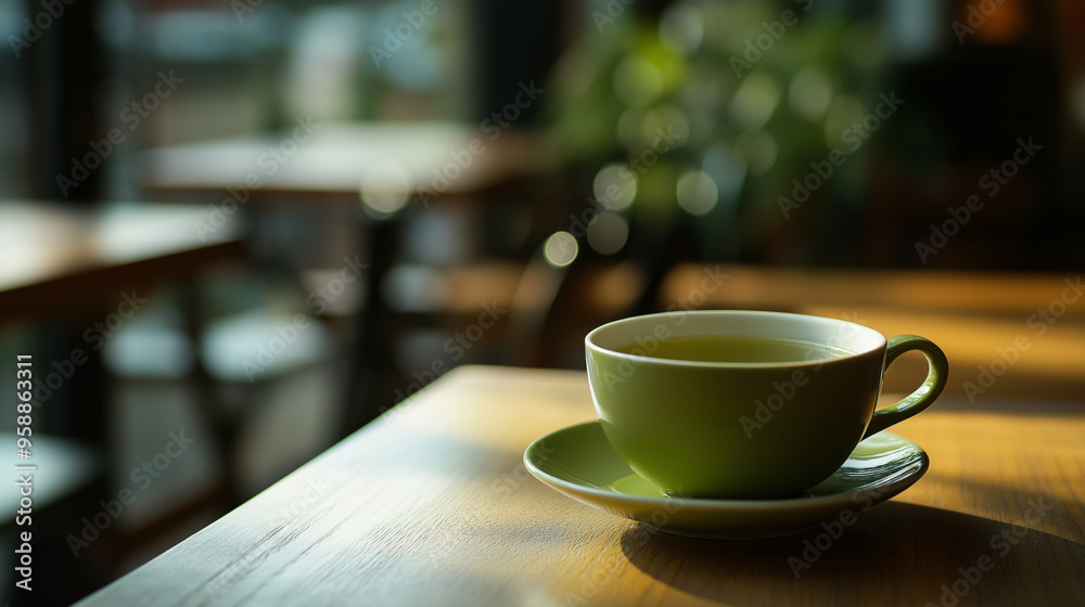 Fototapeta premium cup of green tea on the table at cafe , at sunshine