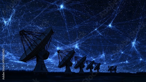 Satellite Dishes Under Starry Sky with Blue Network Connections