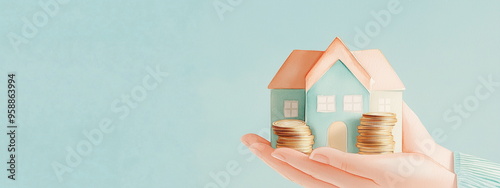 Miniature house in both hands, horizontal banner,  watercolor illustration, space for text. For design, realtor, insurance, mortgage, construction, banking, blog, linkedin, cover, thumbnail, social